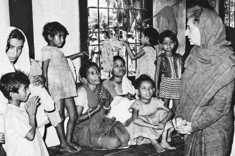 Indian Prime Minister Indira Gandhi visiting camps sheltering refugees from the then East Pakistan during a two-day visit to Silchar and Agartala in May 1971.