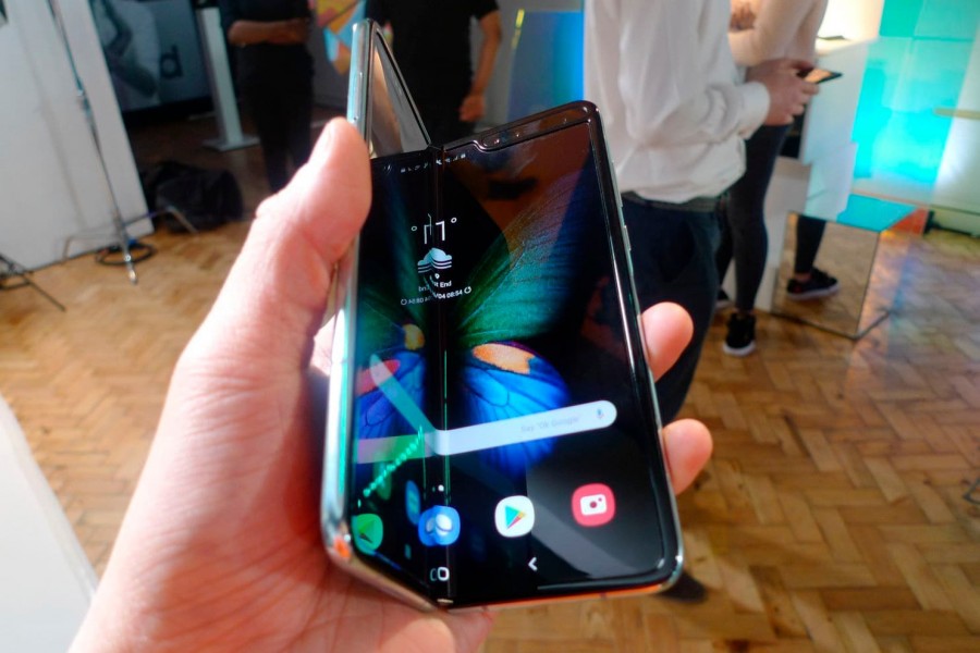 The Samsung Galaxy Fold smartphone is seen during a media preview event in London on April 16, 2019. (Kelvin Chan/AP)