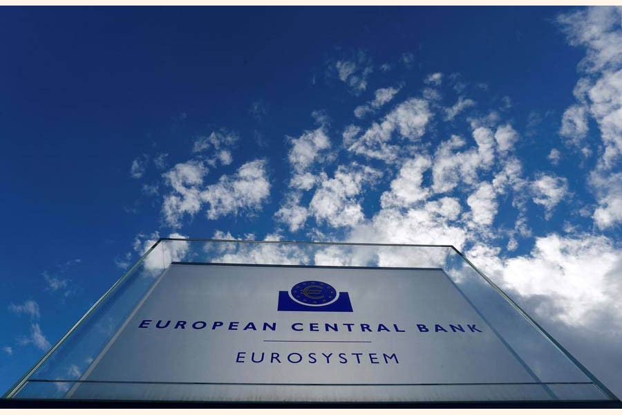 Sign of the European Central Bank (ECB) is seen ahead of a news conference on the outcome of the Governing Council meeting, outside the ECB headquarters in Frankfurt, Germany 	— Reuters