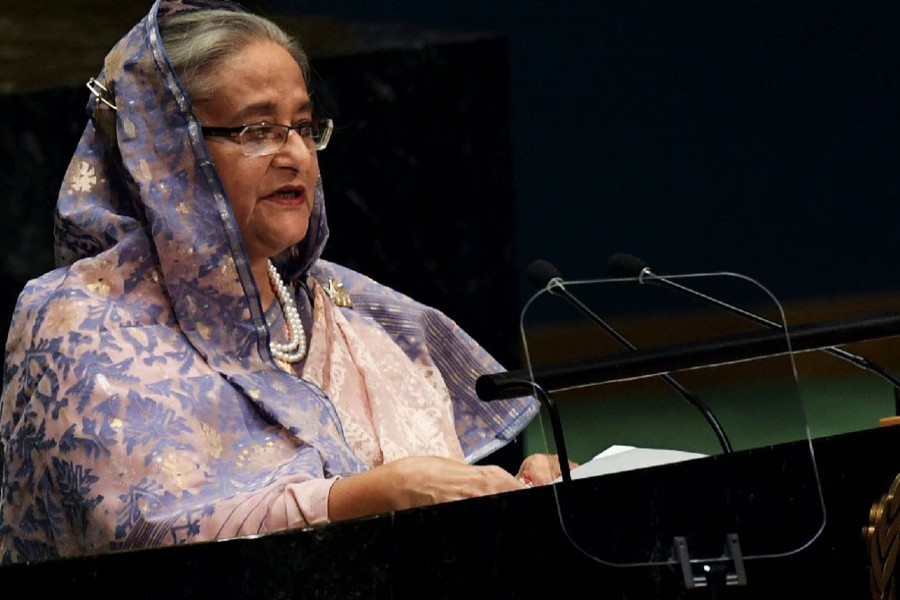 Prime Minister Sheikh Hasina addresses the 74th session of the United Nations General Assembly at the UN headquarters, Friday (Photo: AP)