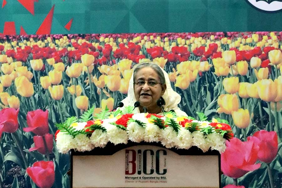 Prime Minister Sheikh Hasina addressing a function marking the birthday of Sheikh Russell, youngest son of Father of the Nation Bangabandhu Sheikh Mujibur Rahman, on Friday. -Focus Bangla Photo