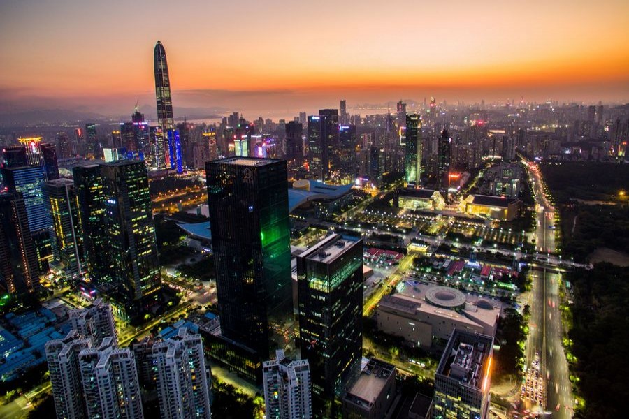 Aerial photo taken on Feb. 14, 2017 shows a night view in central Shenzhen, south China's Guangdong Province. (Xinhua/Mao Siqian)