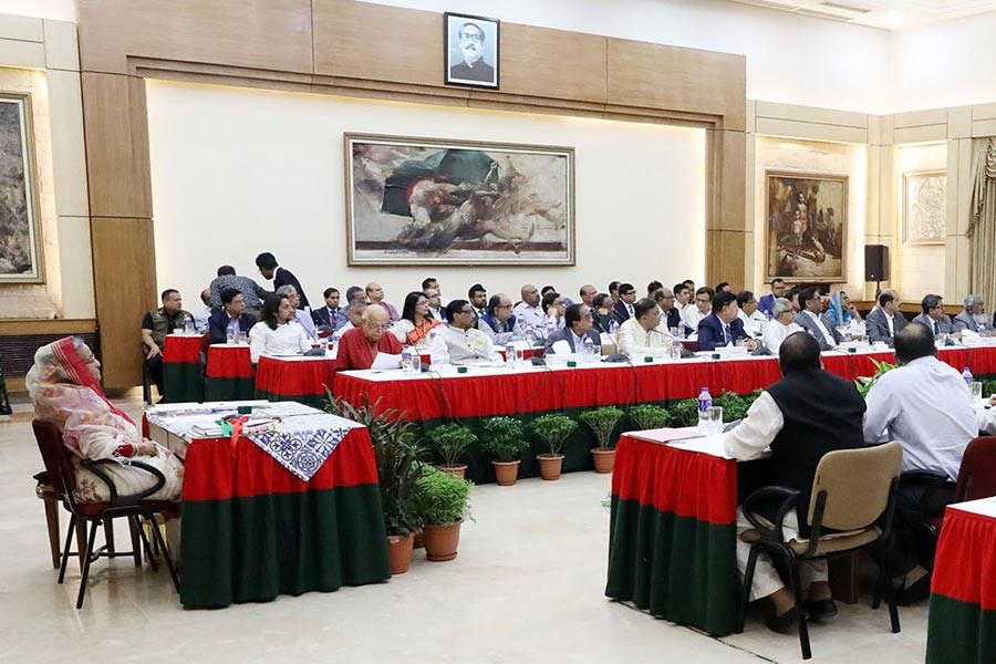 Prime Minister Sheikh Hasina presiding over a preparatory meeting on celebration of the birth centenary of Bangabandhu at Ganabhaban in Dhaka on Thursday evening. -Focus Bangla Photo