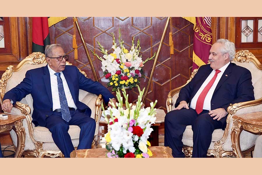 Outgoing Turkish Ambassador to Bangladesh, Devrim Ozturk, paying a farewell call on President M Abdul Hamid at the Bangabhaban in Dhaka on Tuesday. -PID Photo