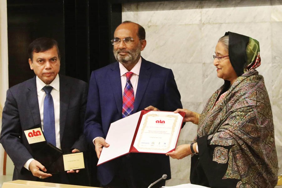 Prime Minister Sheikh Hasina receiving the Asian Townscape Awards (ATA) 2019 at the Cabinet meeting in Dhaka on Monday. (Photo: Focus Bangla)