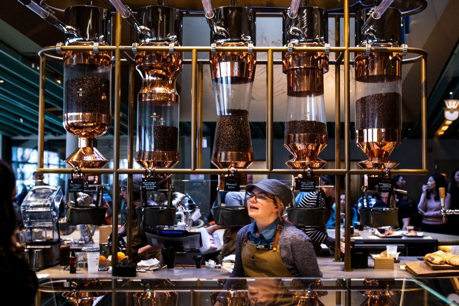 Various coffee beans are stored at the new Starbucks Reserve Roastery on Michigan Avenue in Chicago, the United States, Nov. 25, 2019. (Photo by Joel Lerner/Xinhua)