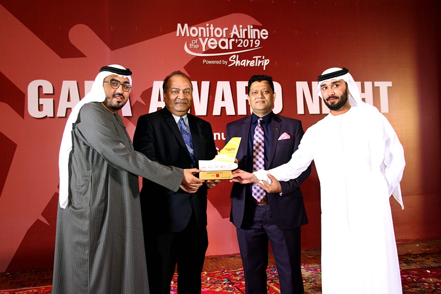 Mohammed Mohijur Rahman, sales manager, Emirates Bangladesh, Professor Shibli Rubayat Ul Islam, Dean, faculty of Business Studies, University of Dhaka,  Mohammad Alhawai, Emirates airport services manager, Dhaka and Deputy airport services manager Mohammad Abdulla Ali were present at the gala award ceremony