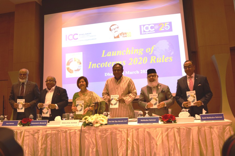 Commerce minister Mr Tipu Munshi, MP, (third from right) is seen at the launching ceremony of the New Incoterms 2020 Rules as chief guest at a local hotel in Dhaka Sunday. Also seen in the picture are ICC Bangladesh president Mr Mahbubur Rahman (second from right), ICCB vice president Mrs Rokia A Rahman (third from left), ICCB Banking Commission chairman Mr Muhammad A. (Rumee) Ali (second from left), MTB CEO & MD Syed Mahbubur Rahman (extreme right) and ICCB secretary general Ataur Rahman (extreme left).