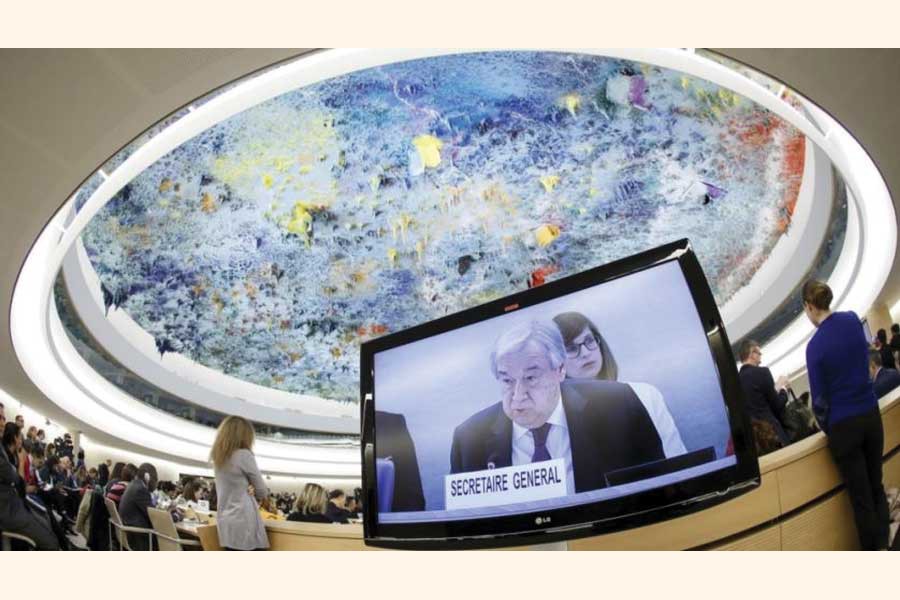 UN Secretary-General Antonio Guterres addresses the opening of the High-Level Segment of the 43rd session of the Human Rights Council, in Geneva, Switzerland on February 24, 2020: he issued a "call to action" to countries, businesses and all people to help renew and revive human rights across the globe, laying out a seven-point plan amid concerns about climate change, conflict and repression.         —Photo. AP