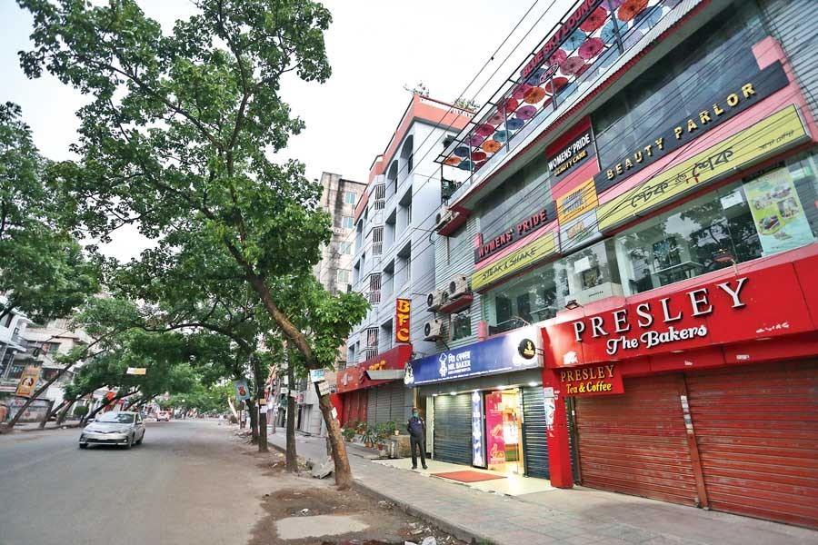 Once crowded restaurants at Khilgaon Taltola in the city are seen closed on Friday as in other days during the ongoing shutdown amid the COVID-19 pandemic — FE photo