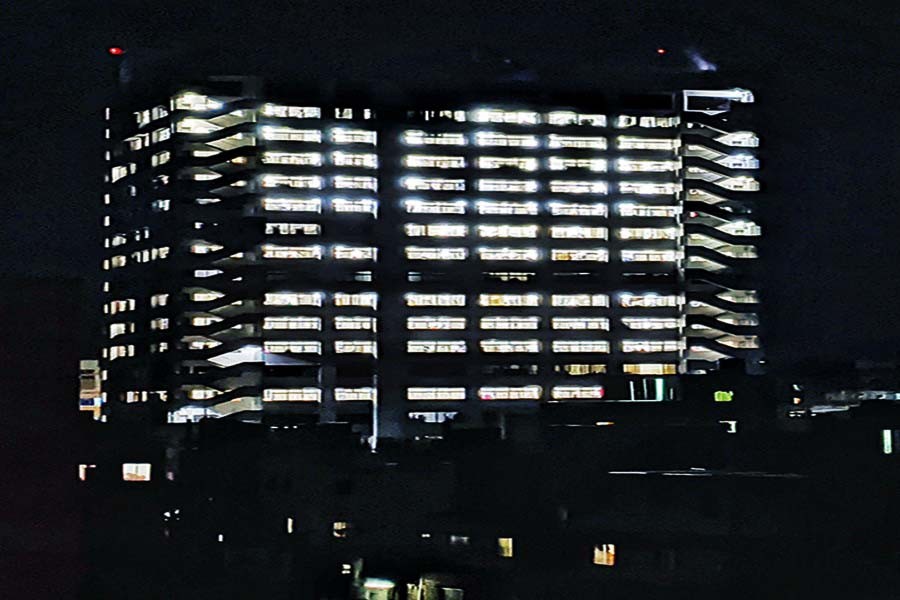 A night-time view on Tuesday of Dhaka’s tallest building housing garment units at Kalshi of Mirpur. The units have gone into full operation — FE photo