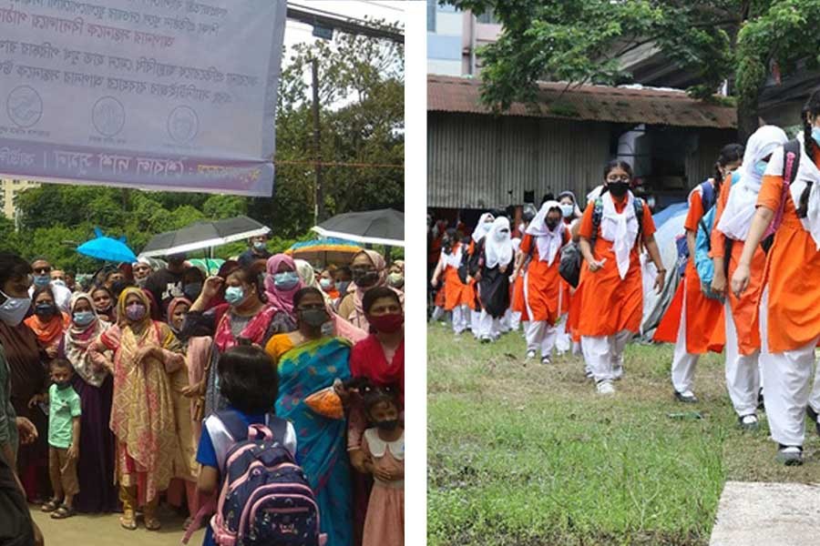 চট্টগ্রামে স্বাস্থ্যবিধি মেনে ক্লাস করেছে শিক্ষার্থীরা, বাইরে ছিল অভিভাবকদের ভিড়