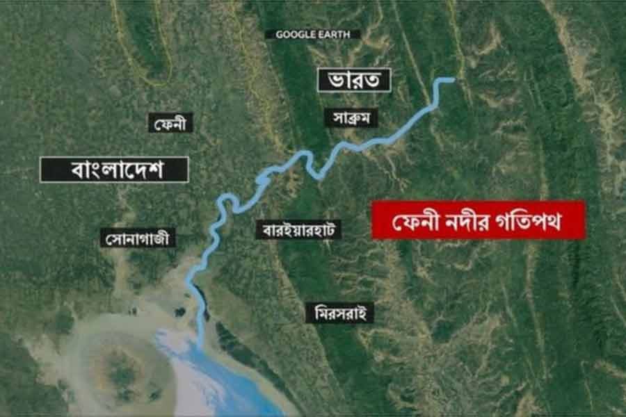 মানচিত্রে ফেনী নদীর গতিপথ। ছবি: বিবিসি বাংলা।