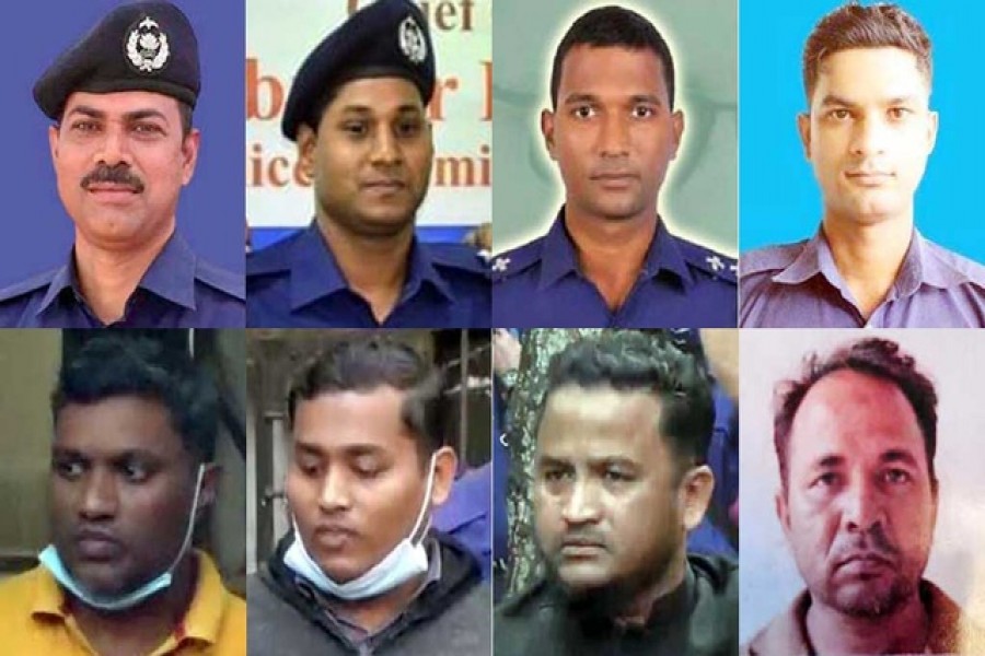 সিনহা হত্যা মালায় দণ্ডিতরা: (উপরে) মৃতৃদণ্ডপ্রাপ্ত প্রদীপ কুমার দাশ, লিয়াকত আলী, যাবজ্জীবনপ্রাপ্ত দুলাল রক্ষিত, রুবেল শর্মা; (নিচে) সাগর দেব, নুরুল আমিন, মোহাম্মদ আয়াজ ও নেজাম উদ্দিন