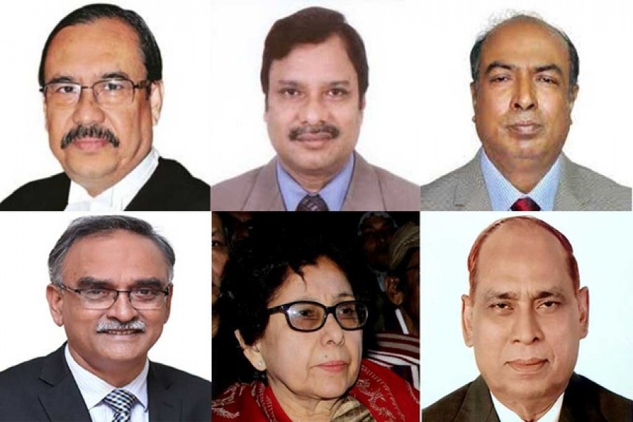 সার্চ কমিটির সদস্যরা (উপর থেকে ঘড়ির কাঁটার দিকে)- বিচারপতি ওবায়দুল হাসান, বিচারপতি কুদ্দুস জামান, পিএসসি চেয়ারম্যান সোহরাব হোসাইন, সাবেক নির্বাচন কমিশনার মোহাম্মদ ছহুল হোসাইন, অধ্যাপক আনোয়ারা সৈয়দ হক ও মহা হিসাব নিয়ন্ত্রক ও নিরীক্ষক মুসলিম চৌধুরী।