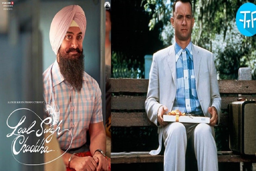 লাল সিং চাড্ডা চলচ্চিত্রের একটি পোস্টার (বামে) ও ফরেস্ট গাম্প চলচ্চিত্রের একটি দৃশ্য (ডানে)।   ছবি: দ্য টিভি ফ্রিক