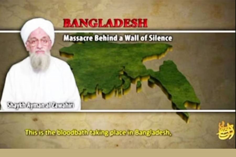 বাংলাদেশের মানচিত্রের সঙ্গে আল কায়েদা নেতা আয়মান আল-জাওয়াহিরির নাম ও ছবি জুড়ে একটি অডিও বার্তা প্রচার করা হয় ২০১৪ সালে। ফাইল ছবি 