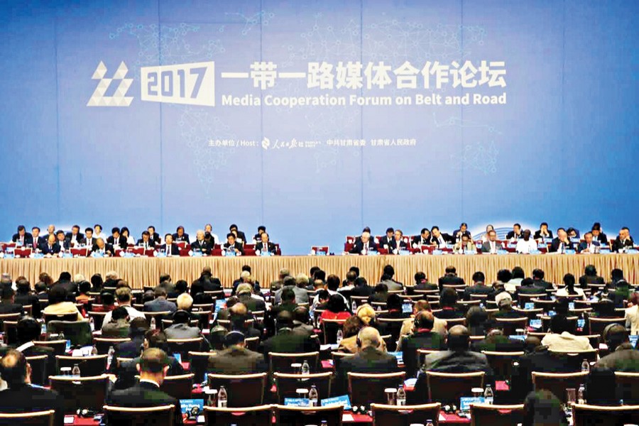 The inauguration of Media Cooperation Forum on the 'Belt and Road' initiative in progress at Dunhuang in Gansu province of China on Tuesday.	— FE Photo