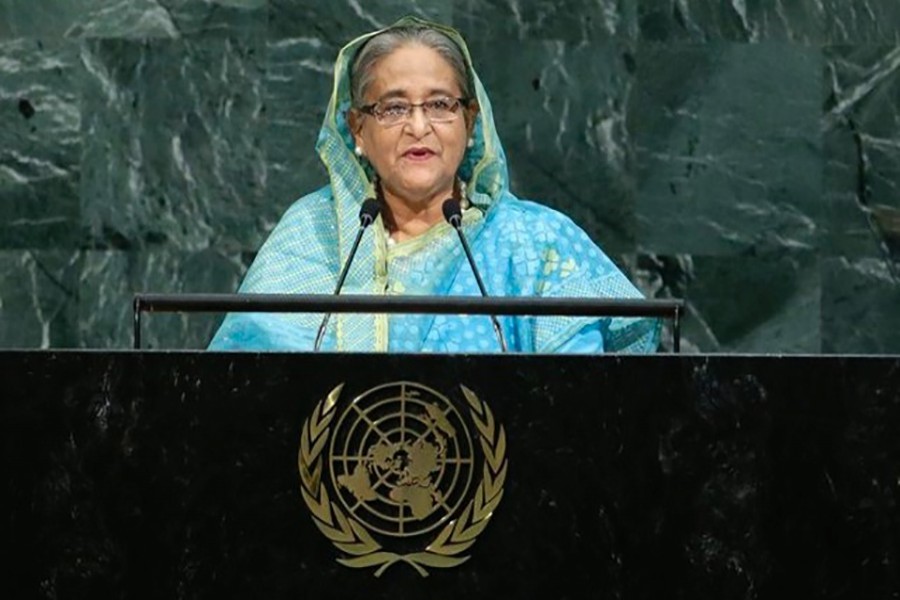 Bangladesh Prime Minister Sheikh Hasina addresses the 72nd United Nations General Assembly at UN headquarters in New York, US on Thursday. - Reuters photo