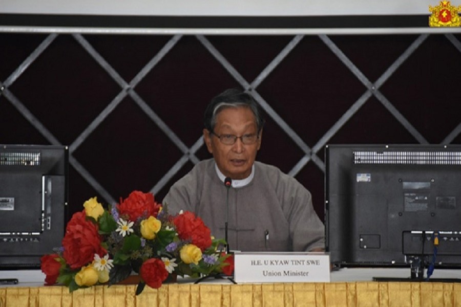 Union Minister U Kyaw Tint Swe is seen speaking at an event. Photo: Ministry of the Office of the State Counsellor, Myanmar.