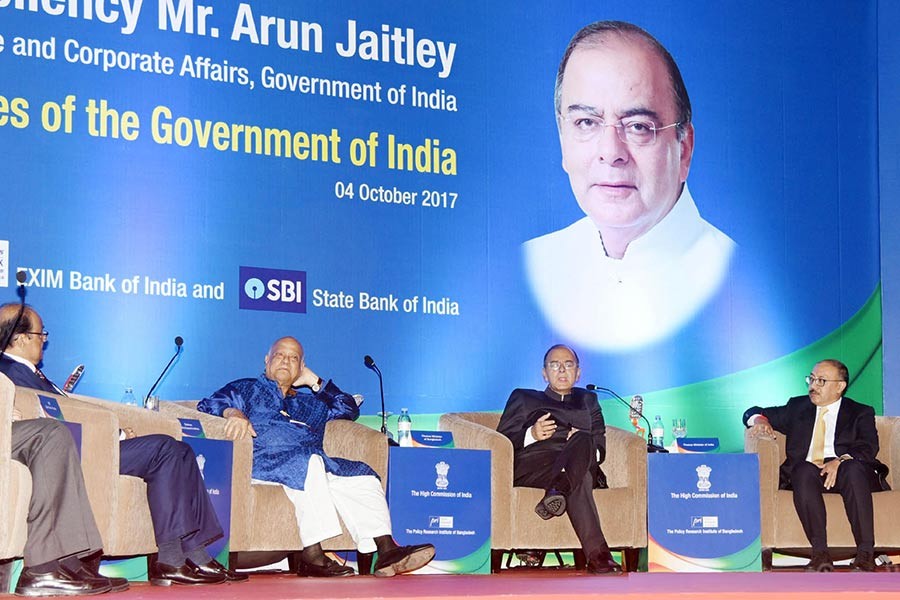 Visiting Indian Finance Minister Arun Jaitley addresses a seminar at Hotel Sonargaon in Dhaka on Wednesday. -Focus Bangla Photo