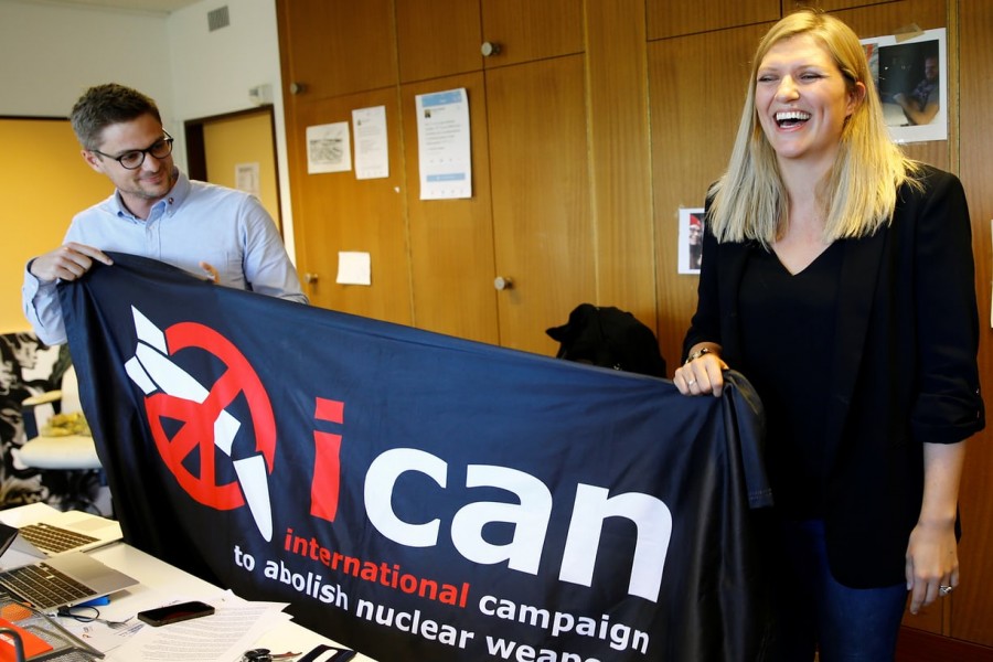 Beatrice Fihn (R), Executive Director of the International Campaign to Abolish Nuclear Weapons or ICAN celebrates after winning the Nobel Peace Prize 2017, in Geneva, Switzerland Oct 6, 2017.  - Reuters photo