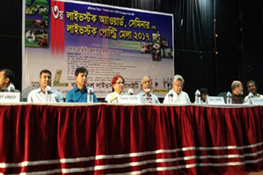 State Minister for Fisheries and Livestock Narayan Chandra Chanda at the award-giving function of the "Third Livestock Award, Seminar and Livestock-Poultry Fair-2017" held at Rajshahi Medical College auditorium recently.	— BSS Photo