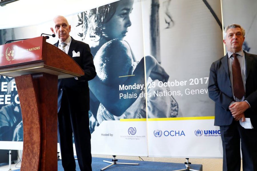 IOM’s DG William Lacy Swing addresses a news conference next to Filippo Grandi, High Commissioner for Refugees, after morning session of Pledging Conference for Rohingya Refugee Crisis in Bangladesh at the UN in Geneva Monday.