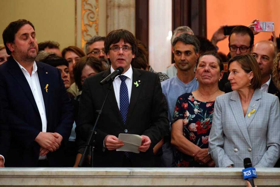 Catalan President Carles Puigdemont speaks during a ceremony after the Catalan regional Parliament declared independence from Spain in Barcelona, Spain, October 27, 2017.  - Reuters photo