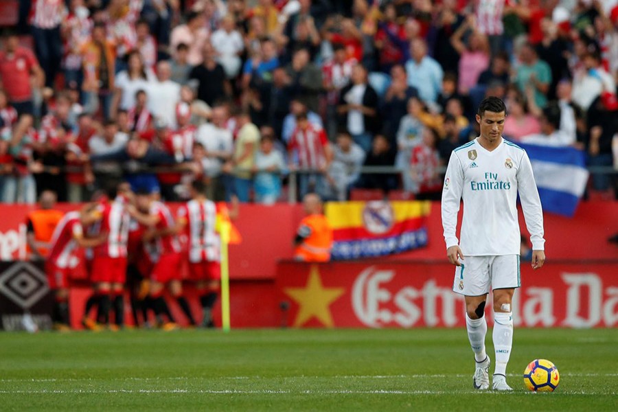 Real Madrid’s Cristiano Ronaldo looks dejected after Girona scored. - Reuters photo