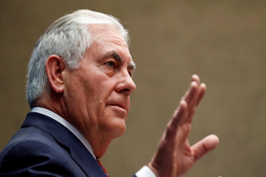 US Secretary of State Rex Tillerson gestures while speaking to staff members at the US Mission to the UN in Geneva, Switzerland October 26, 2017. Reuters