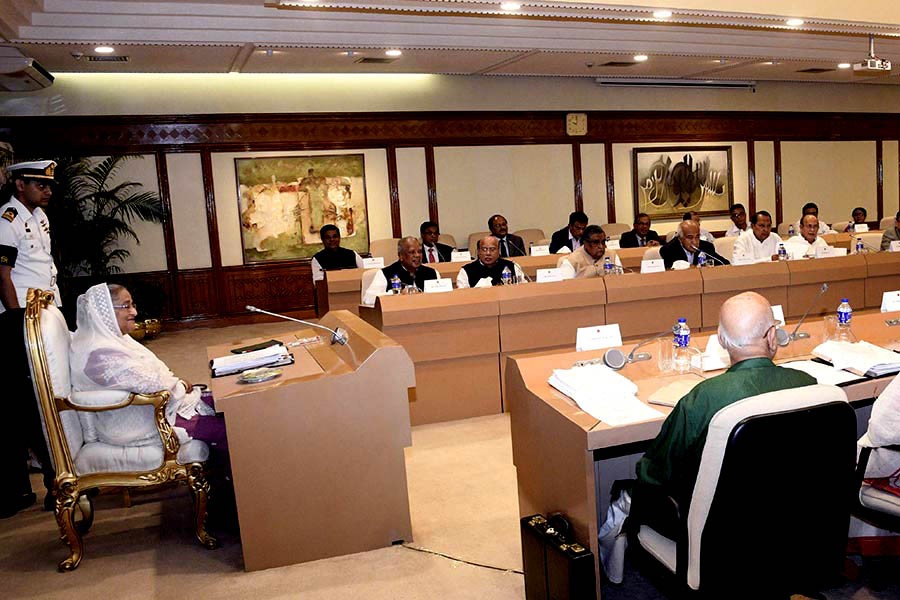 Prime Minister Sheikh Hasina presides over the regular weekly meeting of the Cabinet at the Prime Minister's Office on Monday. -Focus Bangla Photo