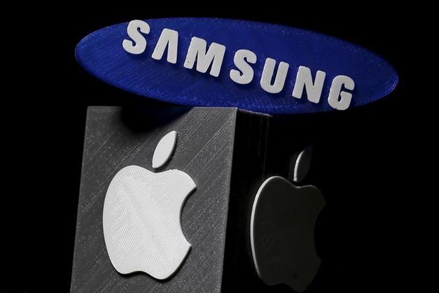 3D-printed Samsung and Apple logos are seen in this picture illustration. - Reuters