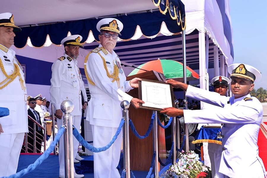 President Abdul Hamid hands over the official order of newly-commissioned warships to Bangladesh Navy at a function at Titumir Naval Base Jetty of Khalishpur in Khulna on Wednesday. -Focus Bangla Photo