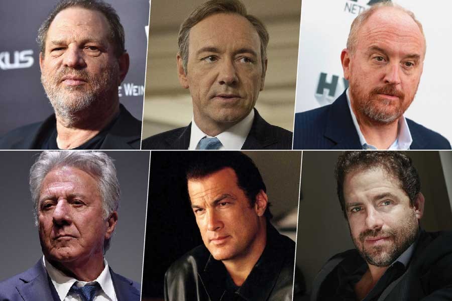 Clockwise: Harvey Weinstein, Kevin Spacey,  Louis C.K.,  Bret Ratner,  Steven Seagal and Dustin Hoffman