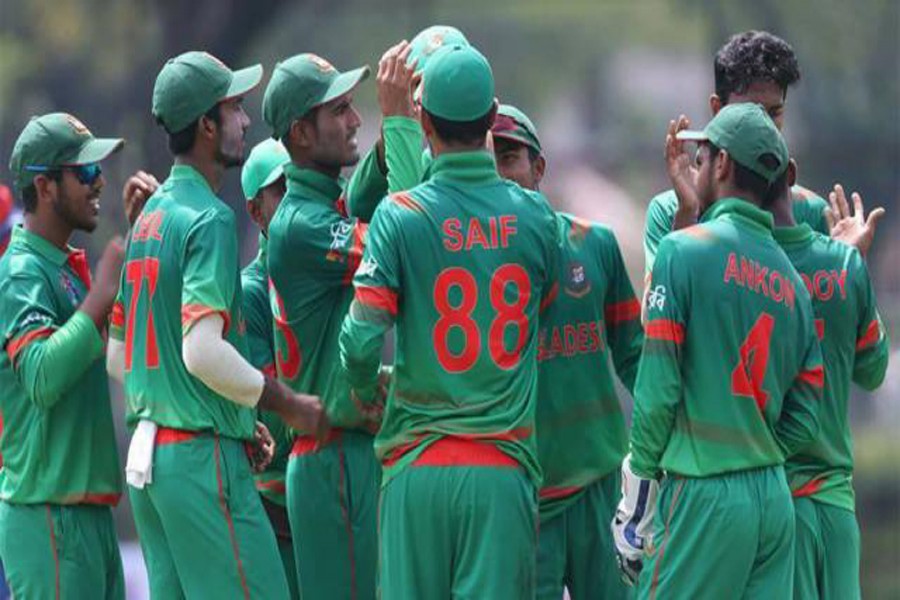 Bangladesh cricketers celebrate after beating India at the ACC Youth Asia Cup Cricket 2017 at the Royal Selangor Club ground in Kuala Lumpur on Tuesday. 	— ACC website