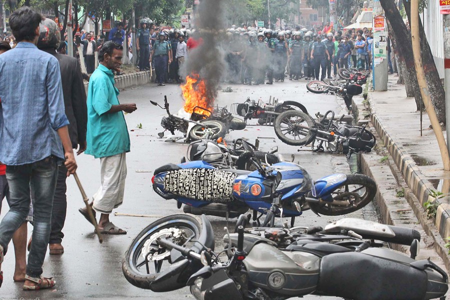 A number of motorcycles were torched during a clash between two groups of ruling party Awami League in front of a community centre at Azimpur in the capital on Thursday. The skirmish took place around 10:30am.	— Focus Bangla