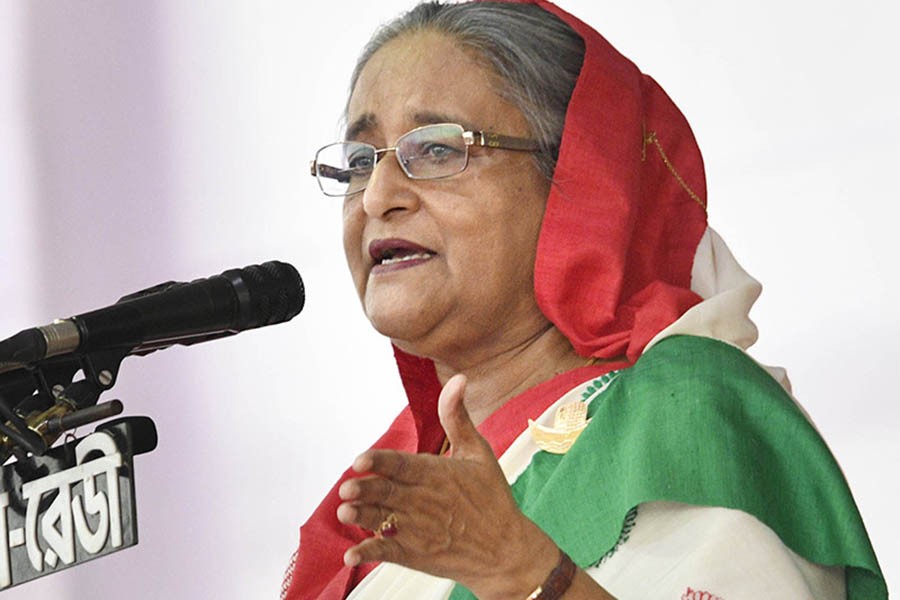 Prime Minister Sheikh Hasina addresses a rally to celebrate the recognition of the historic March 7 speech by UNESCO on Saturday at Suhrawardy Udyan. -Focus Bangla Photo