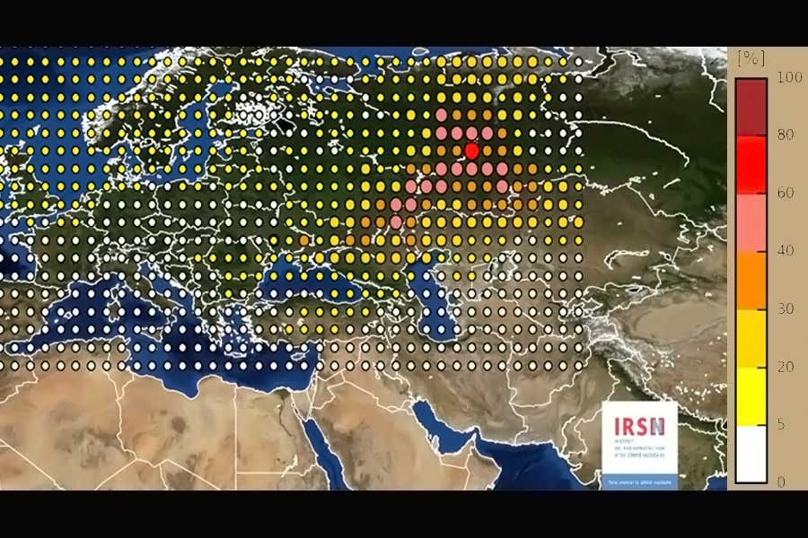 A map provided by the French Institute for Radiation Protection and Nuclear Safety showed levels of ruthenium 106 across Europe. (Credit: INRS, via Associated Press)