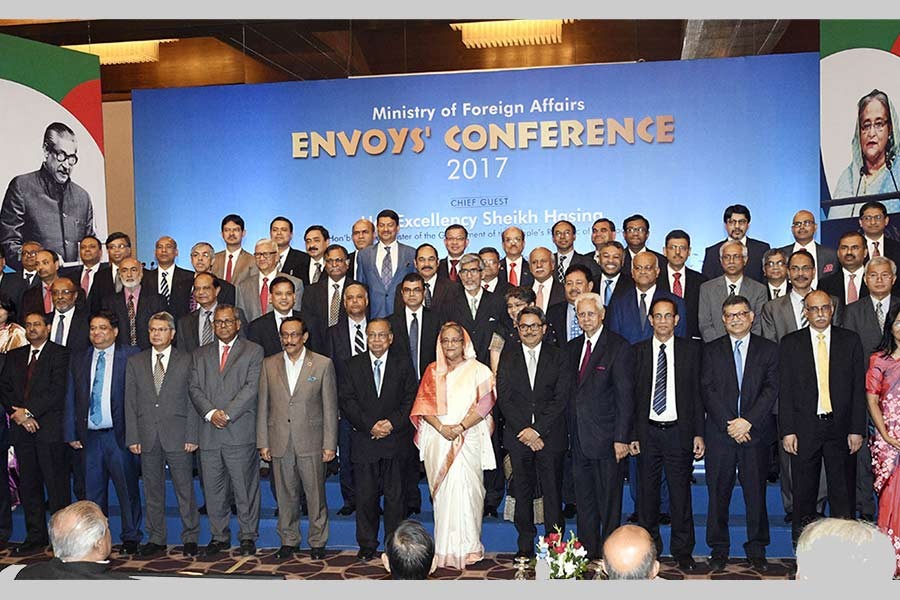 Prime Minister Sheikh Hasina seen on Sunday with the Bangladeshi diplomats posted abroad after the opening ceremony of the country’s first-ever envoys' conference, hosted by the Foreign Ministry, in Dhaka.