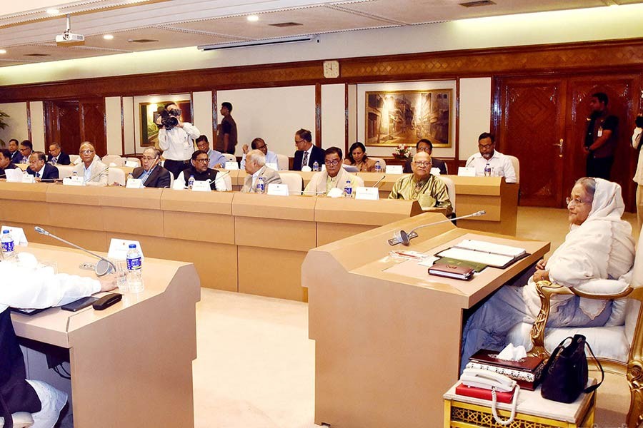 Prime Minister Sheikh Hasina presides over the cabinet meeting held at the Prime Minister's Office (PMO) in Dhaka on Monday. -Focus Bangla Photo