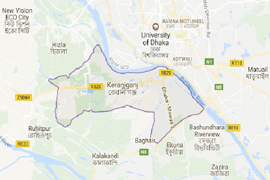 Google map showing Keraniganj Upazila of Dhaka district