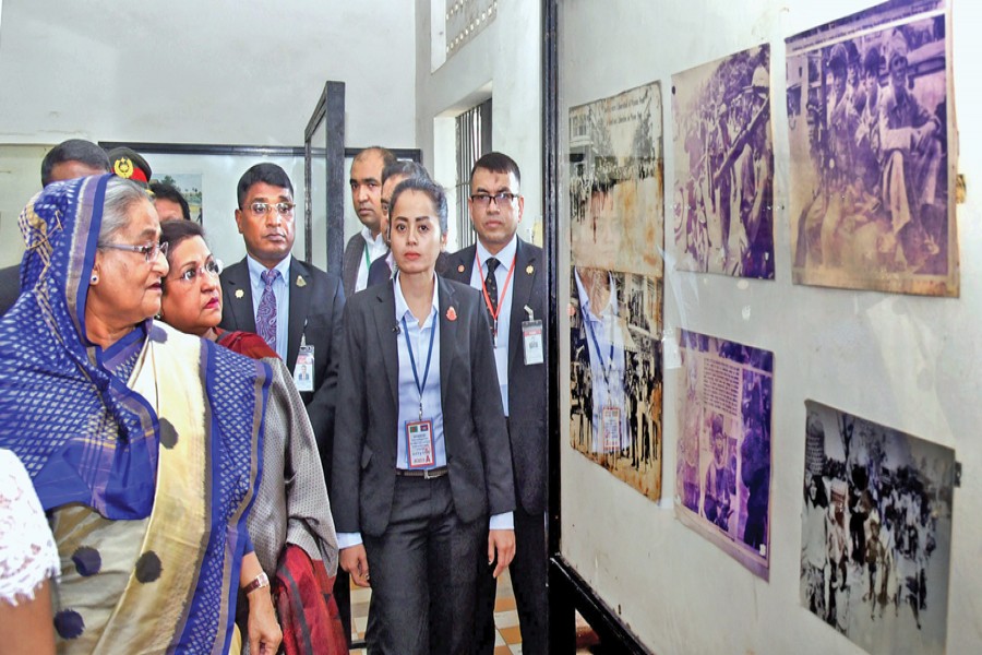 Prime Minister Sheikh Hasina visits the Tuol Sleng Genocide Museum in Phnom Penh on Sunday, the first day of her three-day official visit to Cambodia. 	— BSS