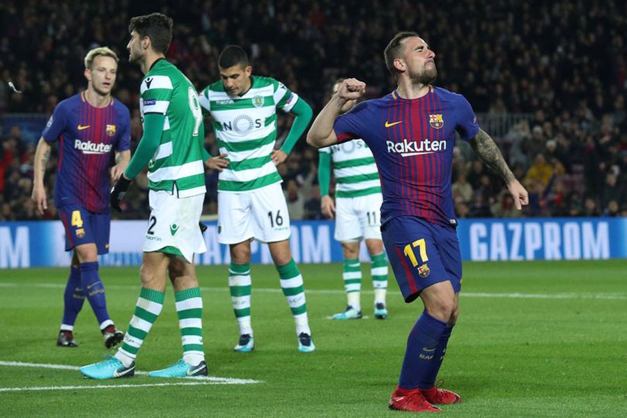 Paco Alcacer celebrates as Barca get the job done against Sporting (Reuters Photo)