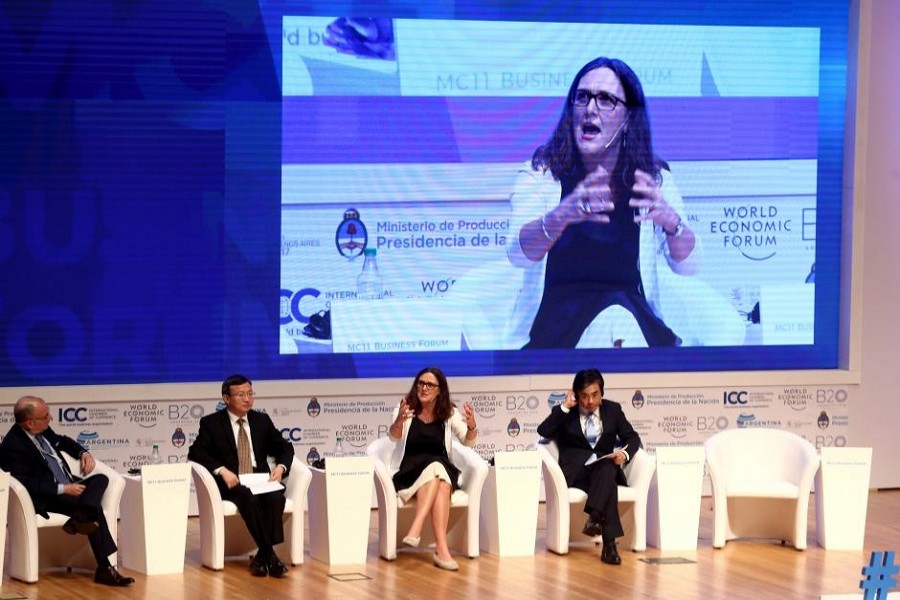 European Commissioner for Trade Cecilia Malmstrom speaks during the Business Forum at the 11th World Trade Organisation's ministerial conference in Buenos Aires, Argentina December 12, 2017. Reuters/Files