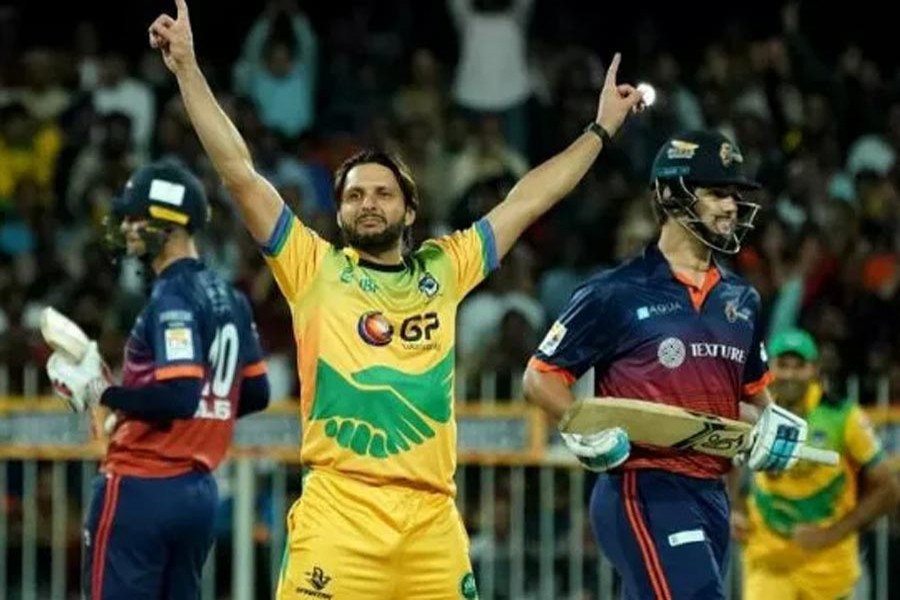 Shahid Afridi celebrates after hat-trick in the inaugural T10 League at Sharjah on Thursday.	— Online