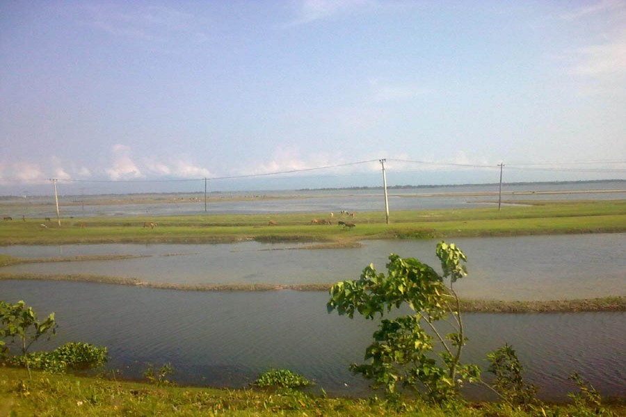 The photo shows a vast area of Sunamganj still under water. 	— FE Photo