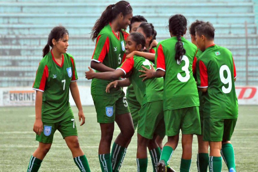 Bangladesh girls celebrate after winning against Bhutan