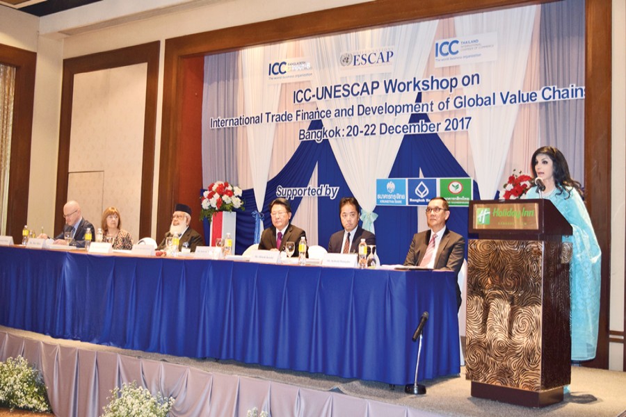 Bangladesh Ambassador to Thailand Saida Muna Tasneem speaks at the inaugural ceremony of the ICC-UNESCAP Workshop on International Trade Finance and Development of Global Value Chains in Bangkok. ICC Bangladesh President Mahbubur Rahman is also seen.