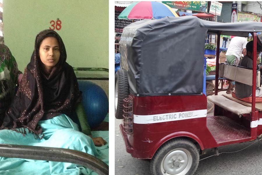 A victim, Kaniz Fatema (L), languishing on a hospital bed at the Centre for Rehabilitation of the Paralysed (CRP) in Savar. Inset (R), an easy-bike.